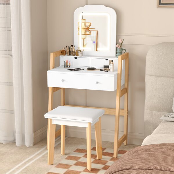 Costway Tavolo da trucco con luci LED a 3 colori gambe in legno di pino e altezza regolabile, Set da toeletta con specchio illuminato Bianco