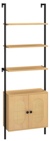 Costway Libreria scala armadietto scaffale a scala a parete con ripiano regolabile, Libreria a 3 livelli con armadietto in rattan Legno naturale
