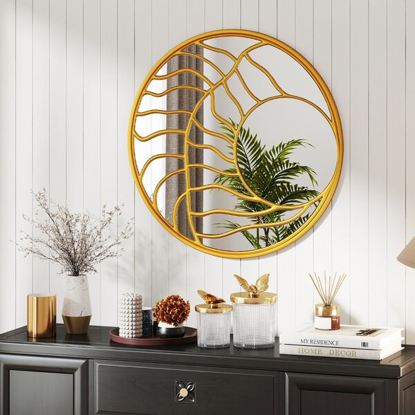 Costway Specchio decorativo da parete rotondo grande 80 cm con cornice irregolare, Specchio da parete per soggiorno camera da letto Oro