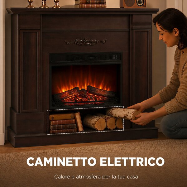 HOMCOM Camino Elettrico da Terra/Incasso con Cornice e Ripiano per TV 55'', 1800W, Effetto Fiamma 3D, Timer, Marrone | Aosom Italy