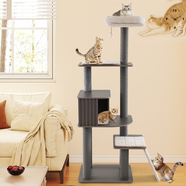 Costway Torre per gatti con cuscino condominio per gatti tappetini staccabili in sisal, Albero per gatti alto 171 cm con pompom pendente Grigio