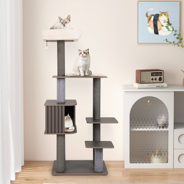 Costway Mobile per arrampicata per gattini in legno con palla pompom appesa, Albero per gatti a 6 livelli da interno per gatti alta 151 cm Grigio
