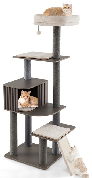 Costway Torre per gatti con cuscino condominio per gatti tappetini staccabili in sisal, Albero per gatti alto 171 cm con pompom pendente Grigio