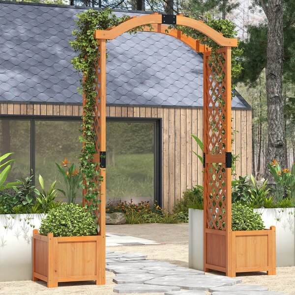 Costway Graticcio arcuato alto 201 cm per piante rampicanti per decorazione cerimonia, Pergolato da giardino in legno con fioriere Giallo