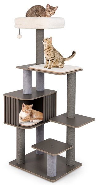 Costway Mobile per arrampicata per gattini in legno con palla pompom appesa, Albero per gatti a 6 livelli da interno per gatti alta 151 cm Grigio