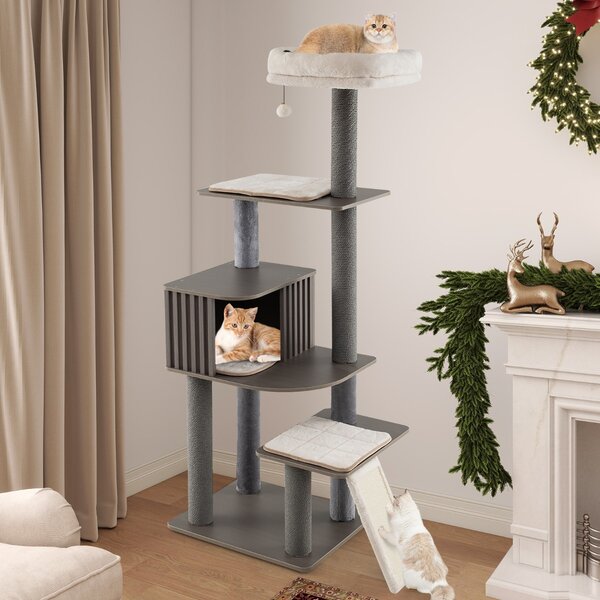 Costway Torre per gatti con cuscino condominio per gatti tappetini staccabili in sisal, Albero per gatti alto 171 cm con pompom pendente Grigio