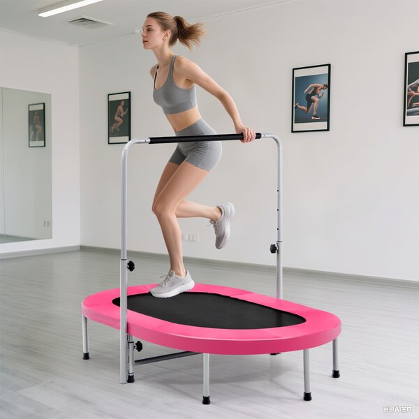 Costway Trampolino doppio per 2 persone con maniglia e cuscinetto, Trampolino ovale pieghevole per bambini e adulti Rosa