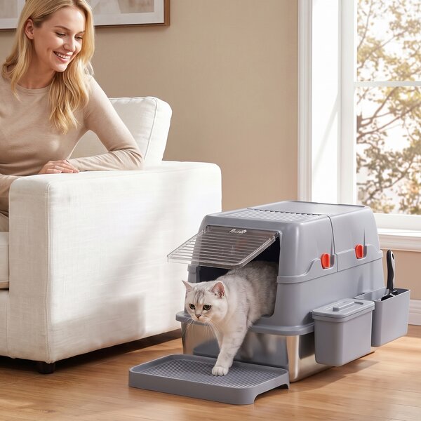 Lettiera Gatto Chiusa 3 in 1 Grande 49 L 58x37,5x39 cm con Coperchio Paletta Pedana e 2 Contenitori in Acciaio Inox Grigio