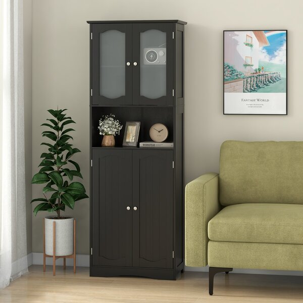 Costway Armadio da bagno alto 164cm con porte in vetro satinato e ripiani, Mobile autonomo per cucina soggiorno ufficio Nero