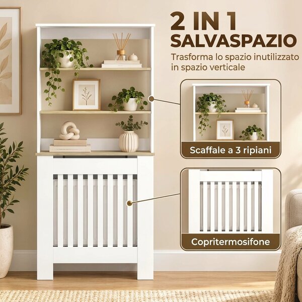 HOMCOM Copritermosifoni a Doghe a 3 Ripiani, Copri Termosifone Moderno in MDF per Soggiorno, 78x19x165 cm, Bianco | Aosom Italy