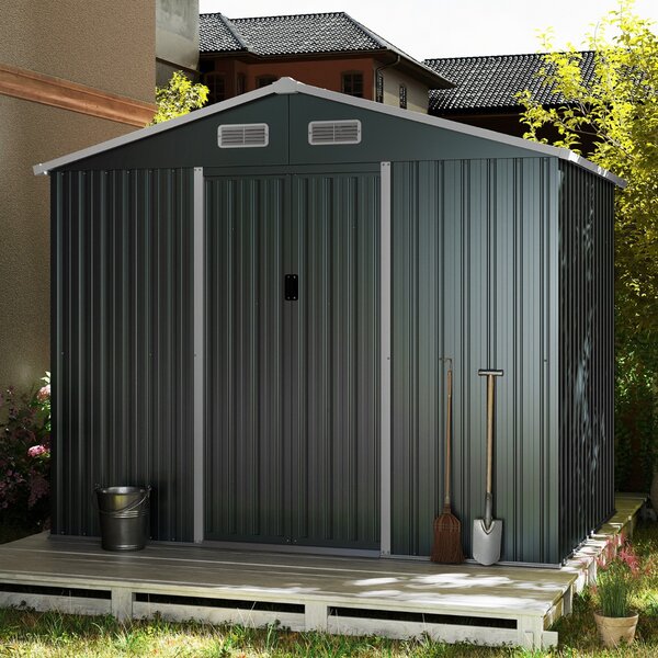 Costway Ampio portattrezzi con tetto spiovente e porte scorrevoli base a pavimento, Capanno da giardino esterno 4 prese d'aria Grigio scuro