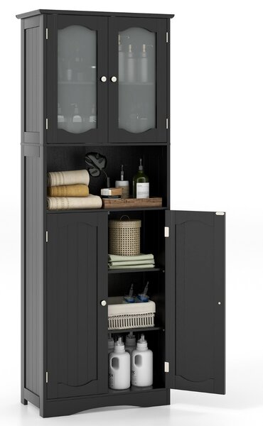 Costway Armadio da bagno alto 164cm con porte in vetro satinato e ripiani, Mobile autonomo per cucina soggiorno ufficio Nero