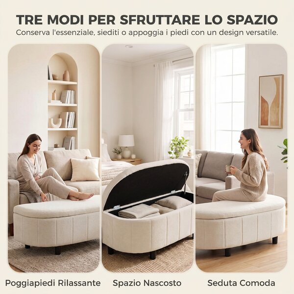 HOMCOM Panca Contenitore Semicircolare in Ciniglia 118x45x44cm, Seduta Imbottita 2 Posti, Coperchio Sollevabile, Crema | Aosom Italy