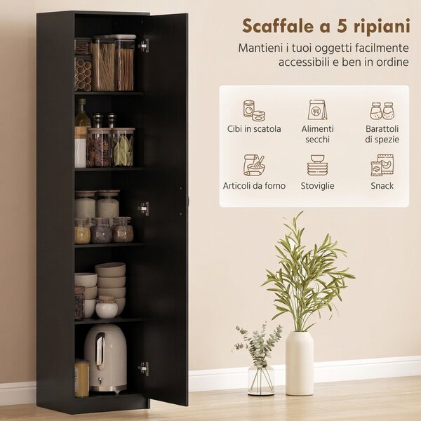 HOMCOM Armadio da Cucina Slim a 5 Ripiani con Spazio Interno Regolabile, in Legno, 40x35x180 cm, Nero | Aosom Italy