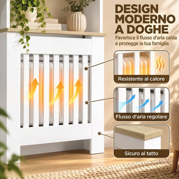 HOMCOM Copritermosifoni a Doghe a 3 Ripiani, Copri Termosifone Moderno in MDF per Soggiorno, 78x19x165 cm, Bianco | Aosom Italy