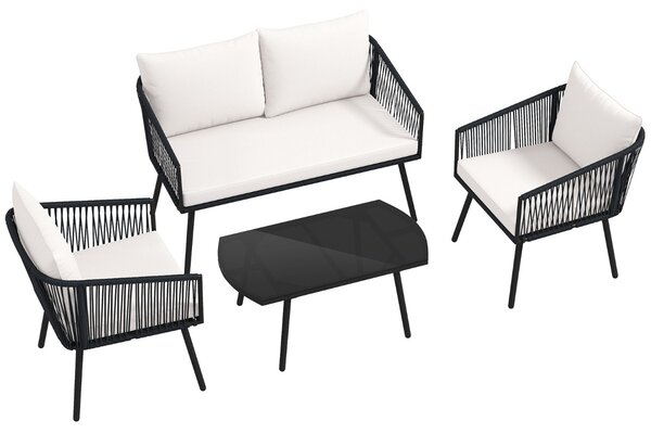 Costway Set bistrò da conversazione in corda PE intrecciata con cuscini e tavolino, Set di mobili da giardino a 4 pezzi in vetro temperato Nero