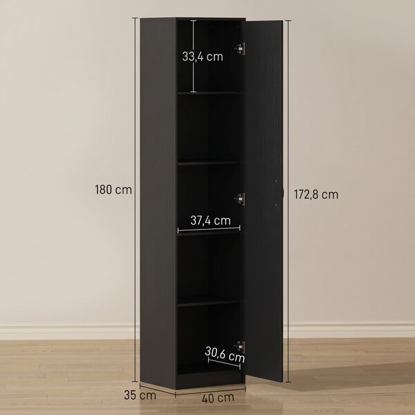 HOMCOM Armadio da Cucina Slim a 5 Ripiani con Spazio Interno Regolabile, in Legno, 40x35x180 cm, Nero | Aosom Italy