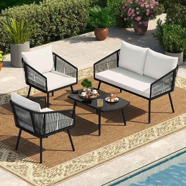 Costway Set bistrò da conversazione in corda PE intrecciata con cuscini e tavolino, Set di mobili da giardino a 4 pezzi in vetro temperato Nero