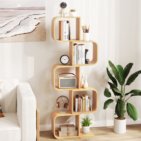 Costway Libreria mensola in bambù con 5 cubi aperti a 5 livelli a forma di S, Libreria scaffale geometrico angolare esposizione Naturale