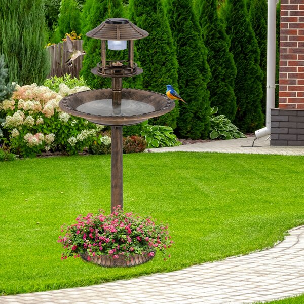 Costway Bagno per uccelli con luce solare esterna, Mangiatoia per uccelli 3 in 1 con base per fioriera e lampada solare Bronzo antico