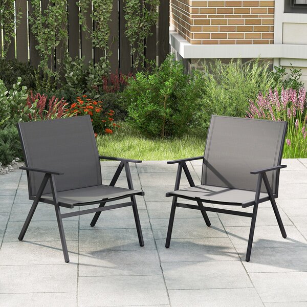 Costway Poltrone da esterno con tessuto a rete traspirante e struttura in metallo con capacità, Set di 2 sedie da patio per veranda Grigio