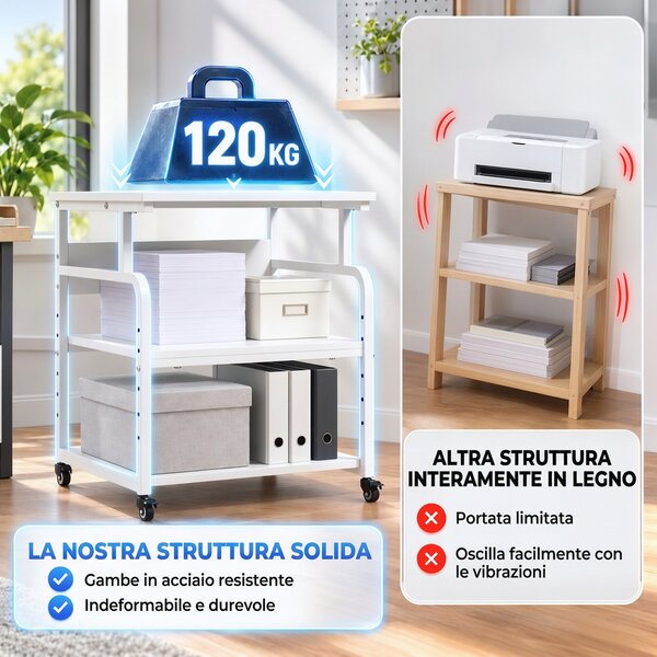 HOMCOM Supporto per Stampante 3 Ripiani con Ruote in Acciaio Bianco | Aosom Italy