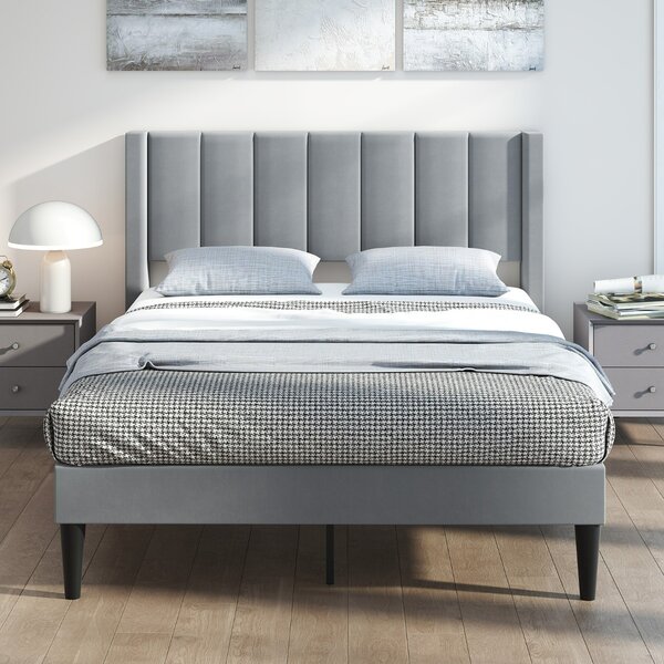 Costway Struttura letto matrimoniale con testiera di velluto, Struttura letto imbottita con piedini regolabili 200 x 140 cm Grigio