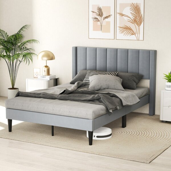 Costway Struttura letto matrimoniale con testiera di velluto, Struttura letto imbottita con piedini regolabili 200 x 140 cm Grigio