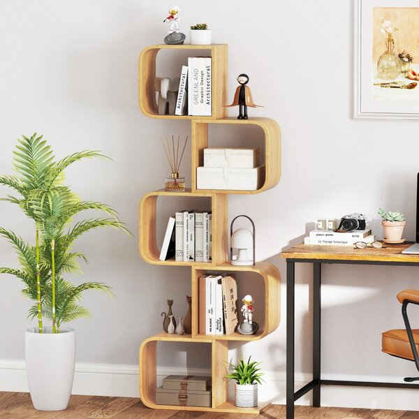 Costway Libreria mensola in bambù con 5 cubi aperti a 5 livelli a forma di S, Libreria scaffale geometrico angolare esposizione Naturale