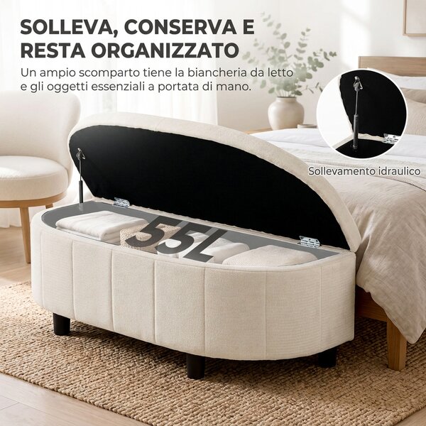 HOMCOM Panca Contenitore Semicircolare in Ciniglia 118x45x44cm, Seduta Imbottita 2 Posti, Coperchio Sollevabile, Crema | Aosom Italy