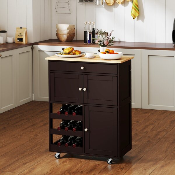 Costway Carrello da cucina con portabottiglie a 3 livelli e cassetto, Isola da cucina con superficie in legno Marrone