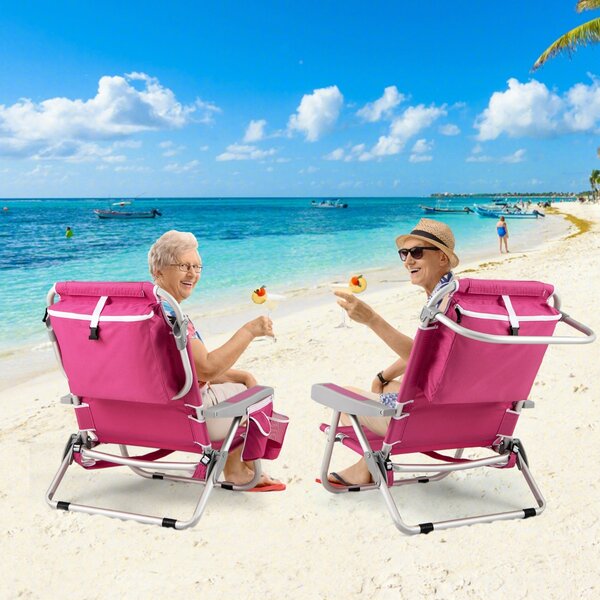 Costway Sedia da spiaggia zaino pacco con portabicchieri, Sdraio pieghevole a 5 posizioni Rosa