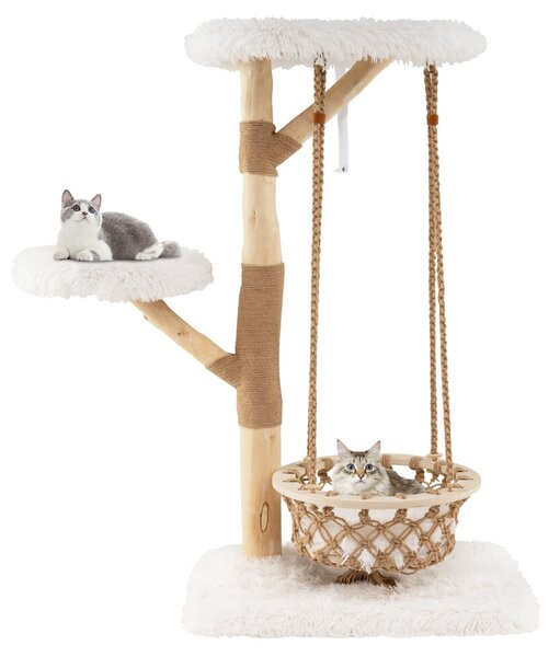 Costway Grande torre per gattini con amaca altalena rami di legno reale di juta, Albero moderno per gatti centro di attività interno Naturale