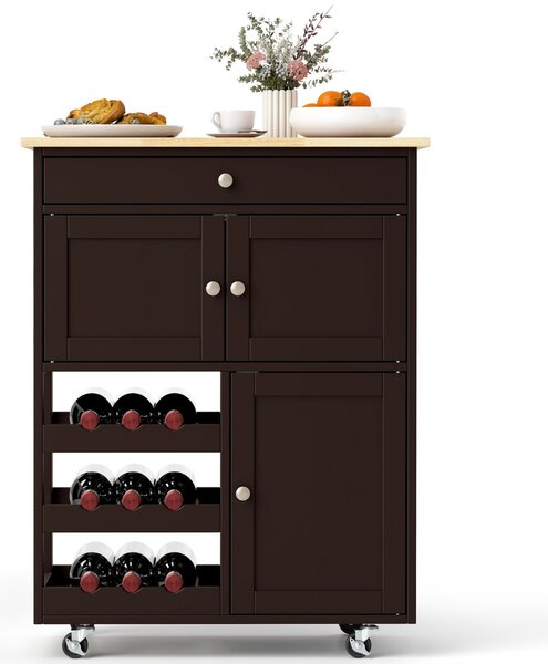 Costway Carrello da cucina con portabottiglie a 3 livelli e cassetto, Isola da cucina con superficie in legno Marrone