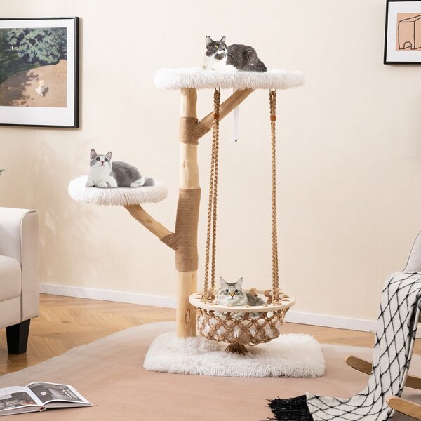 Costway Grande torre per gattini con amaca altalena rami di legno reale di juta, Albero moderno per gatti centro di attività interno Naturale