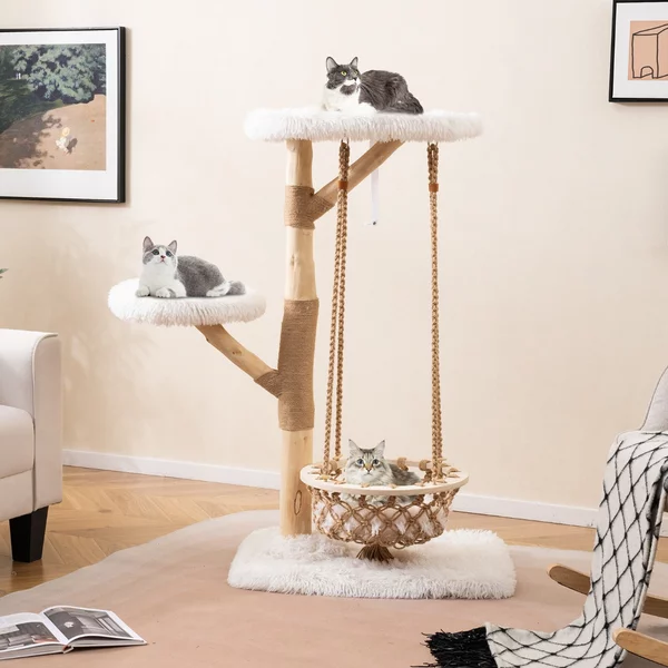 Costway Grande torre per gattini con amaca altalena rami di legno reale di juta, Albero moderno per gatti centro di attività interno Naturale