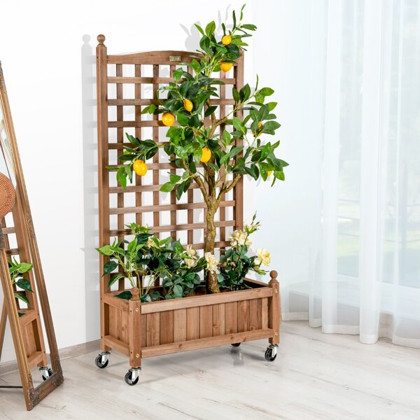 Costway Fioriera in legno massiccio con alto traliccio per verdure, Portapiante per giardino con ruote bloccabili Naturale