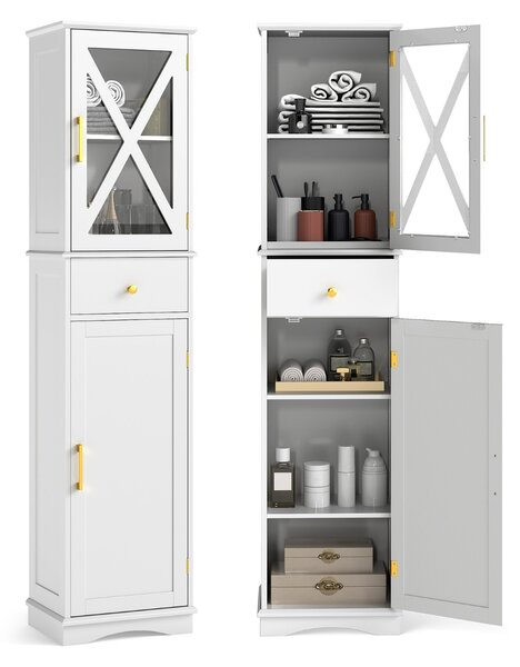 Costway Armadio da bagno alto con cassetto per soggiorno e ufficio, Armadietto stretto in legno per cucina Bianco
