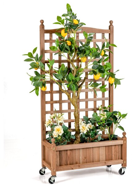 Costway Fioriera in legno massiccio con alto traliccio per verdure, Portapiante per giardino con ruote bloccabili Naturale