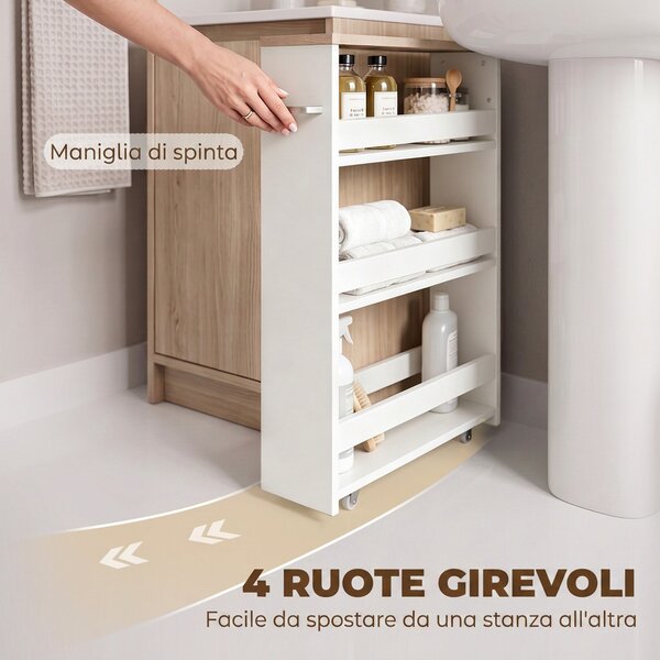 Kleankin Carrello Bagno Salvaspazio a 3 Ripiani con Rotelle e Maniglia in Legno, 48x15x80cm, Bianco|Aosom