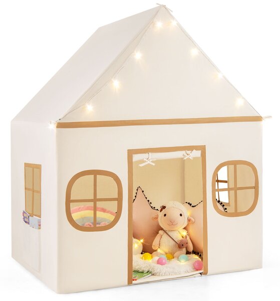 Costway Tenda da gioco per bambini con tenda porta e finestre e luci a stella, Tenda da interno per bambini e bambine 3-10 anni Caffè