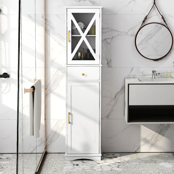 Costway Armadio da bagno alto con cassetto per soggiorno e ufficio, Armadietto stretto in legno per cucina Bianco
