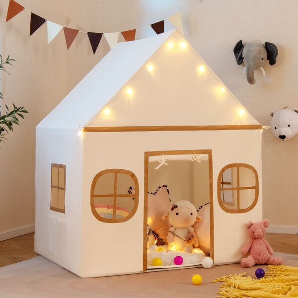 Costway Tenda da gioco per bambini con tenda porta e finestre e luci a stella, Tenda da interno per bambini e bambine 3-10 anni Caffè