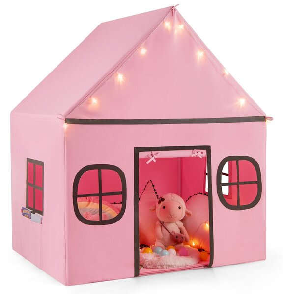 Costway Tenda da gioco per bambini con tenda porta e finestre e luci a stella, Tenda da interno per bambini e bambine 3-10 anni Rosa