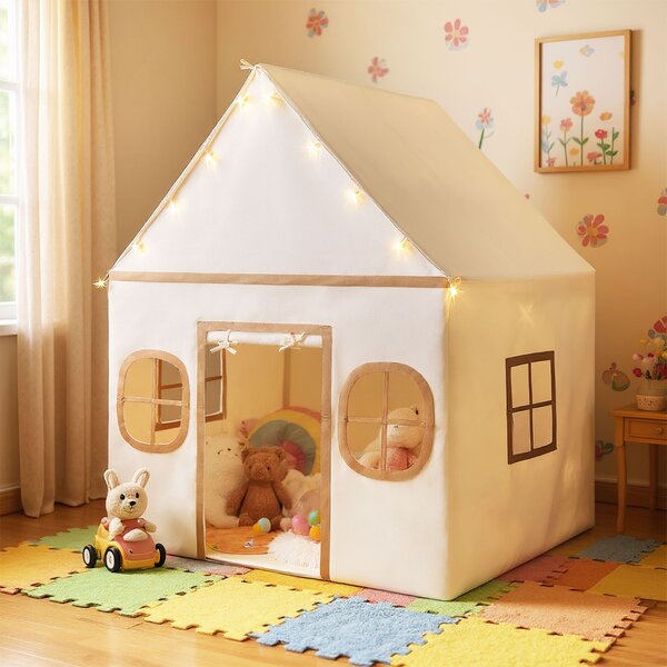 Costway Tenda da gioco per bambini con tenda porta e finestre e luci a stella, Tenda da interno per bambini e bambine 3-10 anni Caffè
