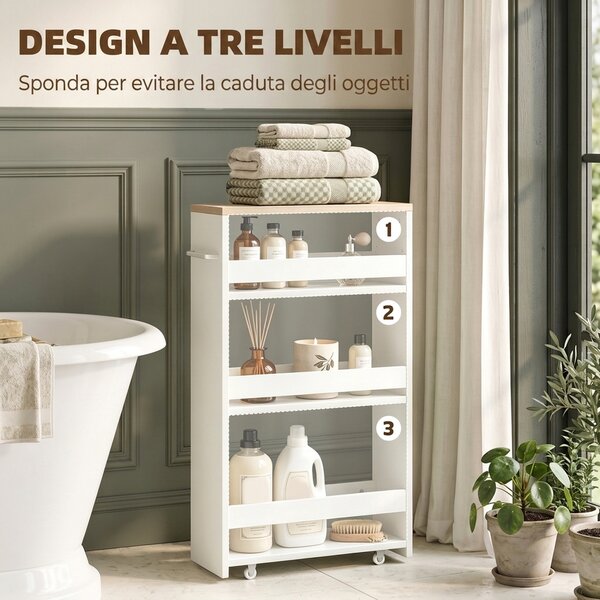 Kleankin Carrello Bagno Salvaspazio a 3 Ripiani con Rotelle e Maniglia in Legno, 48x15x80cm, Bianco|Aosom