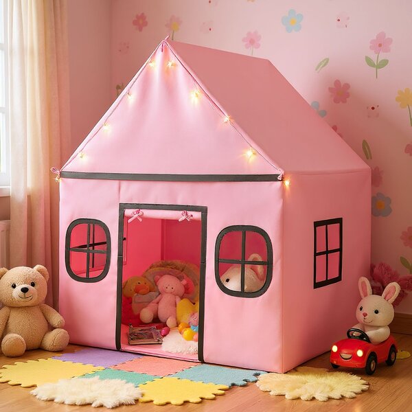 Costway Tenda da gioco per bambini con tenda porta e finestre e luci a stella, Tenda da interno per bambini e bambine 3-10 anni Rosa