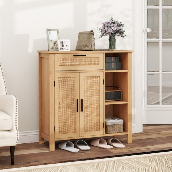 Costway Credenza buffet con ante intrecciate in rattan per cucina, Mobiletto con cassetto e mensola regolabile Naturale