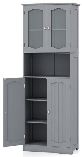 Costway Armadio da bagno alto 164cm con porte in vetro satinato e ripiani, Mobile autonomo per cucina soggiorno ufficio Grigio