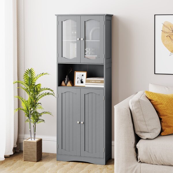 Costway Armadio da bagno alto 164cm con porte in vetro satinato e ripiani, Mobile autonomo per cucina soggiorno ufficio Grigio